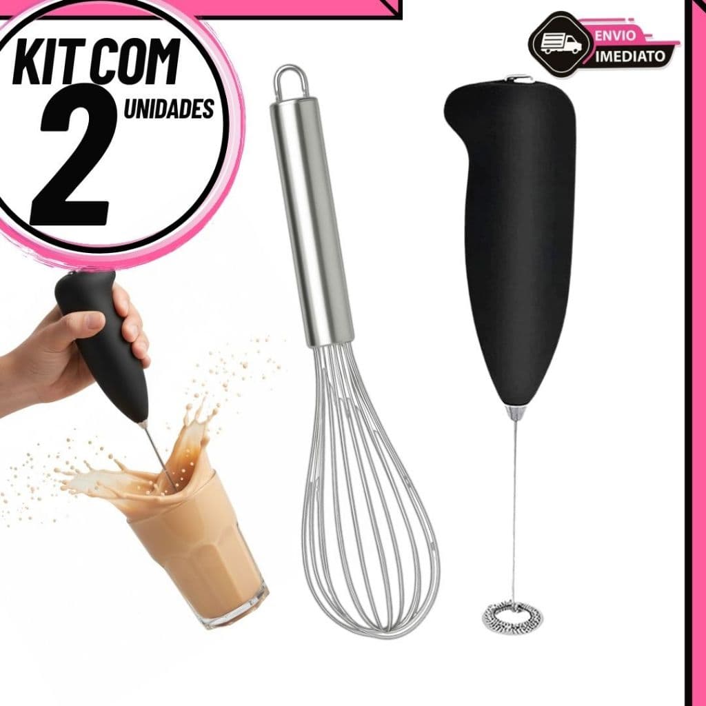Kit Mixer Elétrico Portátil + Fouet Inox Manual | Batedor Ovos Massas Cozinha Confeitaria