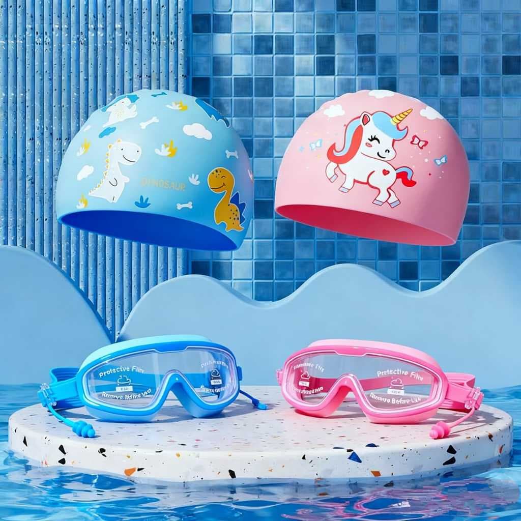Óculos de natação para crianças e touca de natação conjunto de desenhos animados para meninos e meninas