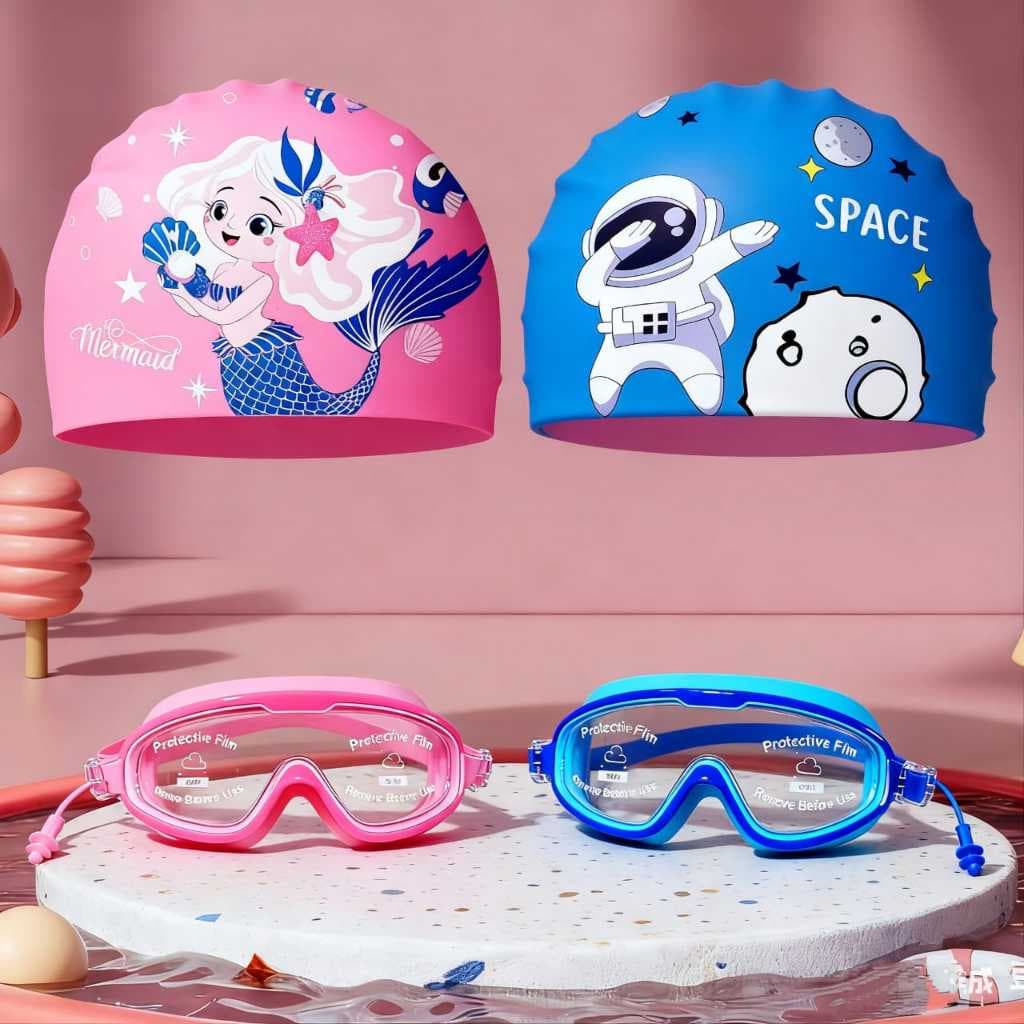 Óculos de natação para crianças e touca de natação conjunto de desenhos animados  Modelo Varios