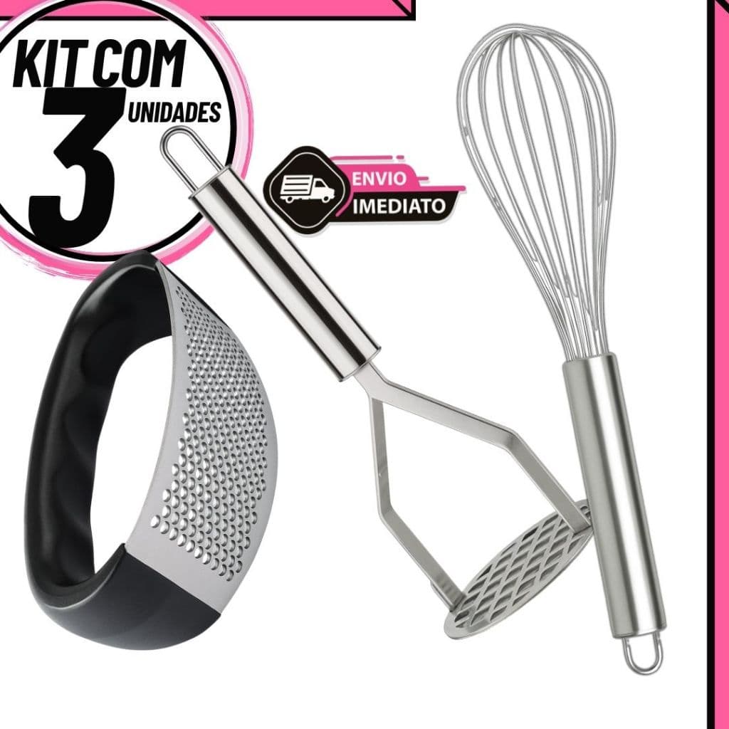 Kit Utensílios Aço Inox – Amassador de Batata, Espremedor de Alho e Fouet Batedor de Ovos