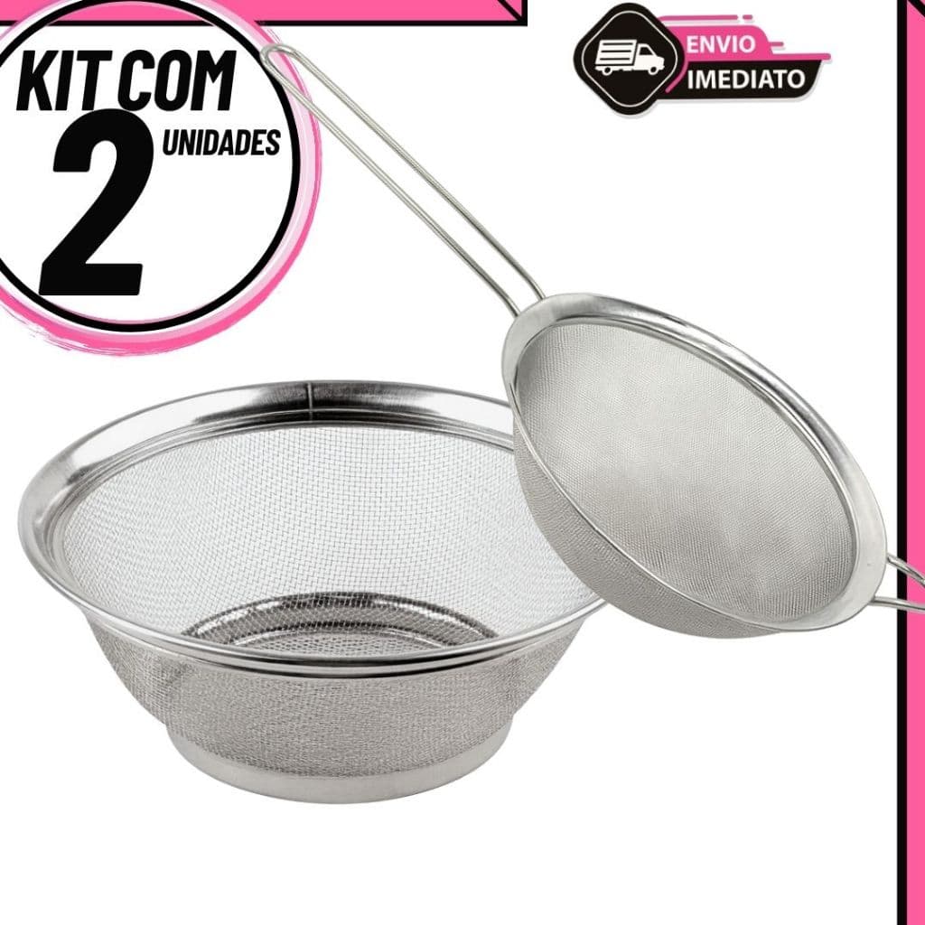 KIT 2 Peneira coador de Cozinha + Cesta Inox Utensílios de Cozinha Multiuso Para Fritura Lavar Coar
