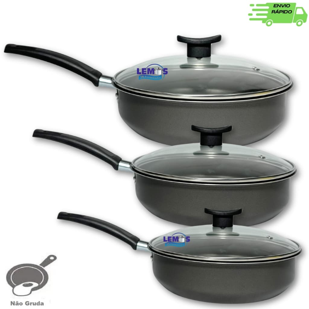 Kit Jogo Conjunto de Frigideiras Antiaderente Com Tampa de Vidro 3 Peças N18 20 22 Teflon Preto