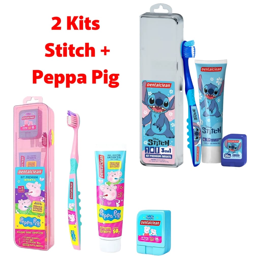 2 Kits infantil Stitch + Peppa Pig Escova de dente + Gel dental + Fio dental