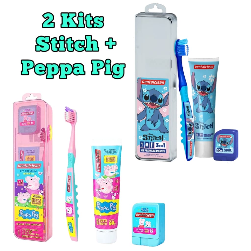 2 Kits infantil Stitch + Peppa Pig Escova de dente + Gel dental + Fio dental