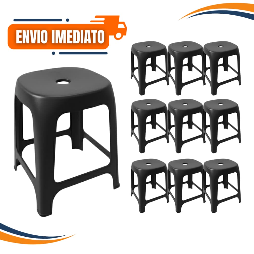 Kit 10 Banquetas Bancos Preta Plástica Reforçada Suporta 120kg