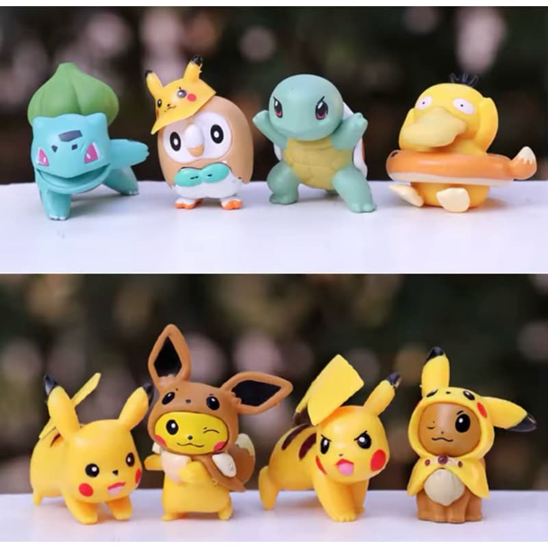 8pcs/set miniaturas pokemons Pikachu Eevee Squirtle | Decoração Festa / Presente Infantil