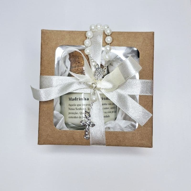 Madrinha ou Padrinho de Crisma. Mini Vela Aromática. Caixa Presente e mini terço