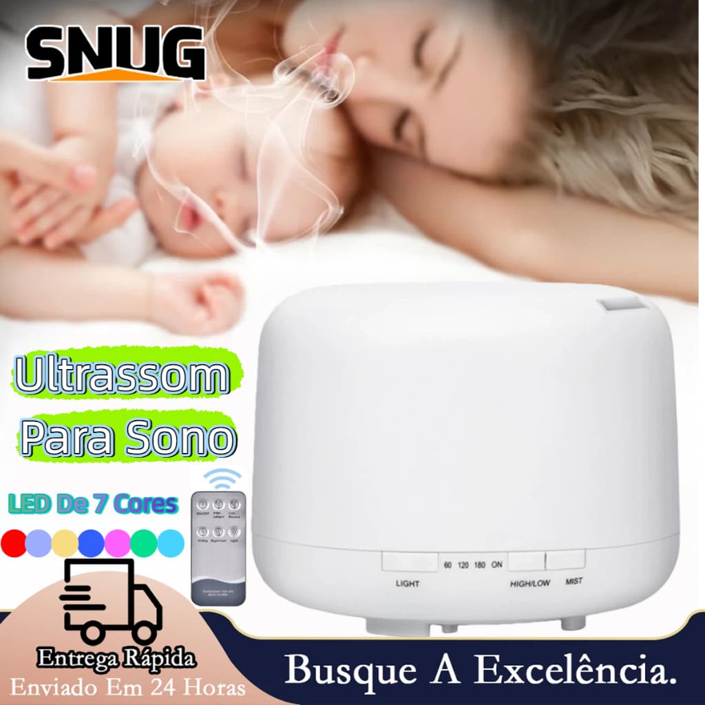 Umidificador Ultrassônico 500ml  Difusor com Luz LED 7 Cores, Design Branco Moderno e Controle Remoto para Neblina Fina