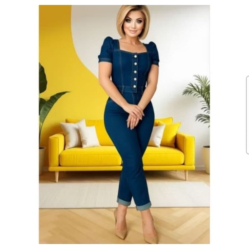 Macacão Jeans Feminino Manga Curta Com Botões Exclusivo 38 ao 42