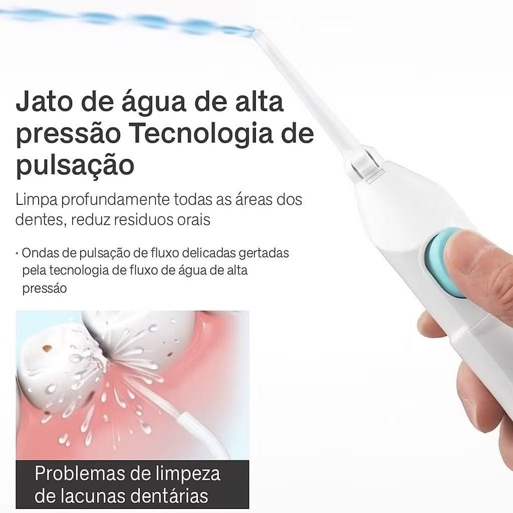 Limpador dental de alta pressão com tecnologia de pulsação, remove resíduos e mantém sua boca fresca