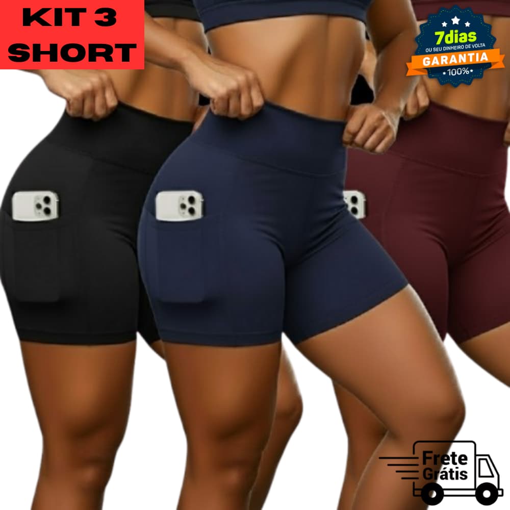 KIT 3 SHORT ACADEMIA FEMININO SUPLEX COM BOLSO Cintura Alta e Tecido Premium Zero Transparência