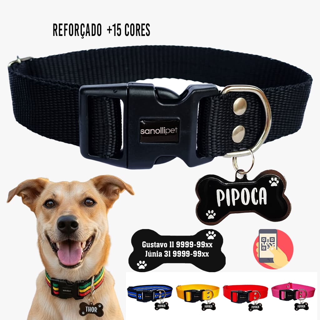 Coleira Para Cachorro Reforçada Com Plaquinha de Identificação Frente E Verso Nome Telefone Premium