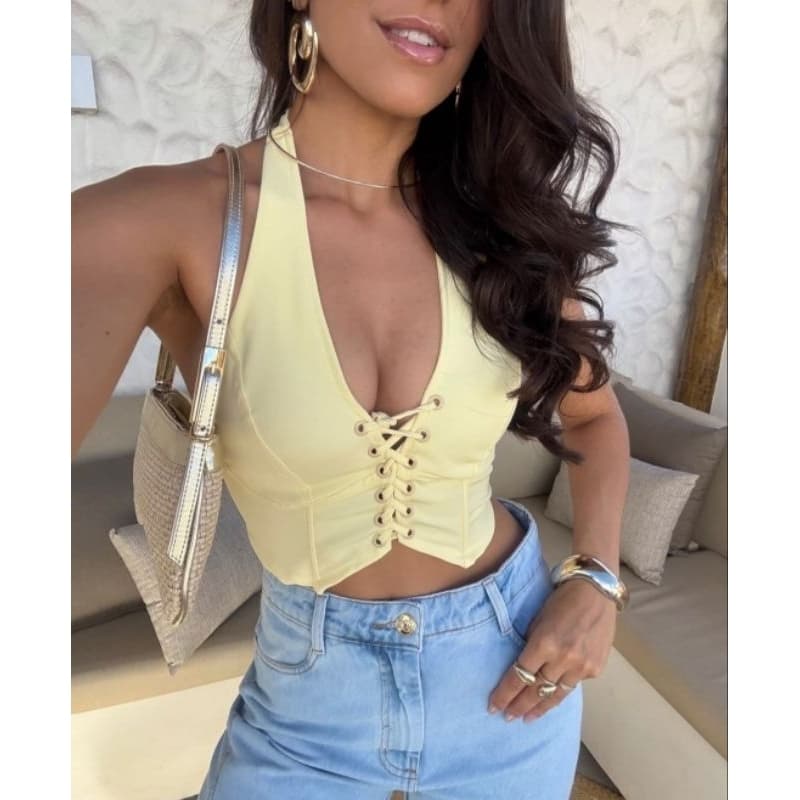 CROPPED FRENTE ÚNICA EM NEOPRENE ALFAIATARIA estilo CORCELET tendência verão