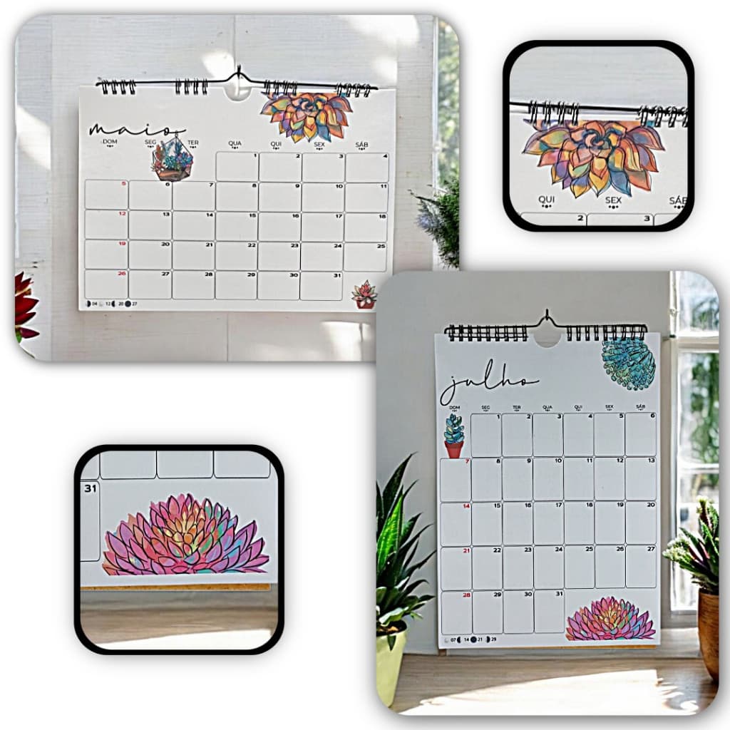 Calendário de Parede 2026/2027 - Base Wire-O Horizontal/Vertical A4 - Suculentas