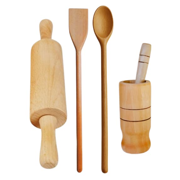 CONJUNTO PARA COZINHA COLHER DE PAU, ROLO DE MASSA, PILÃO DE MADEIRA PARA COZINHA