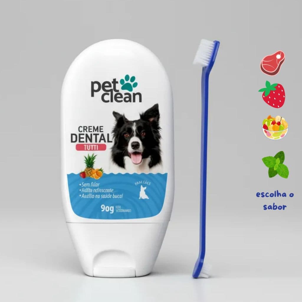 Kit Escova de Dentes Dupla e Creme Dental Pet Clean para Cães Gatos Cachorro Previne Mau Hálito