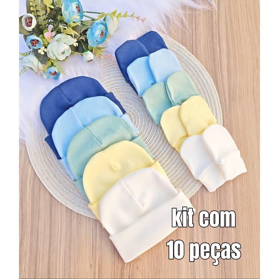 Kit 5 Touca e 5 Luva Para Bebê Recém Nascido 100% Algodão Antialérgico Maternidade Enxoval Gestante