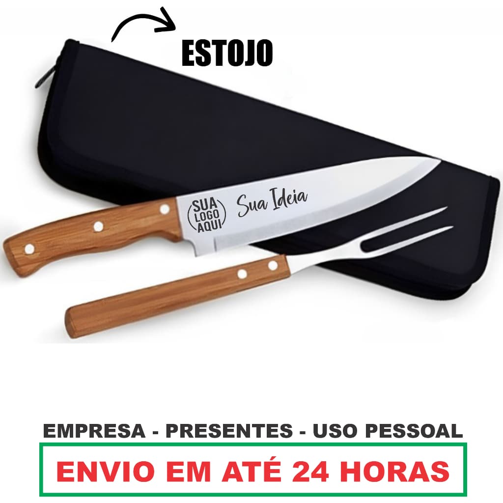 Kit Churrasco Faca Garfo Estojo Personalizado Nome Time Logo Empresa Confraternização