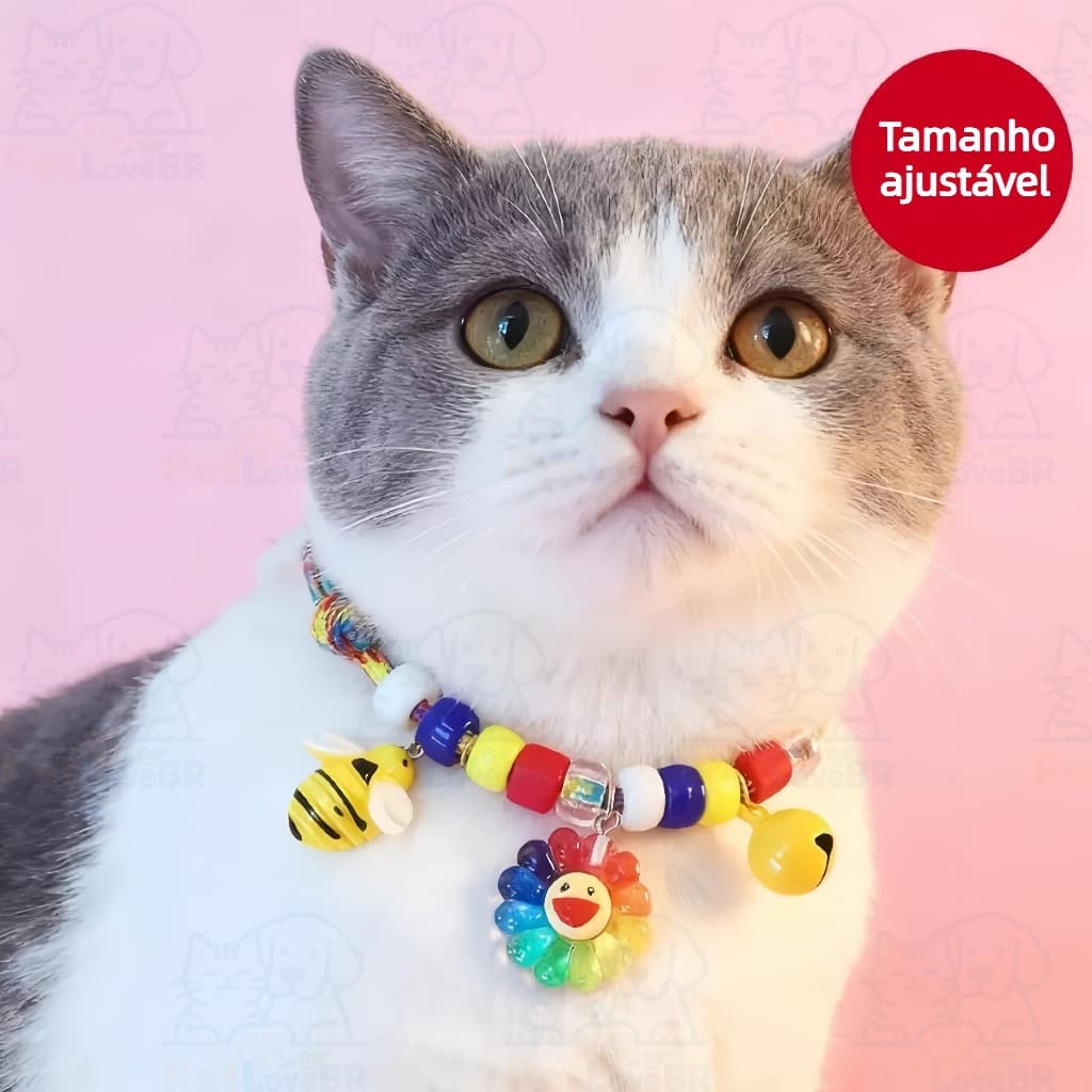 Coleira de Cachorro e Gato com Sino e Pingentes Fofo Coração e Pingente Sorridente Ajustável