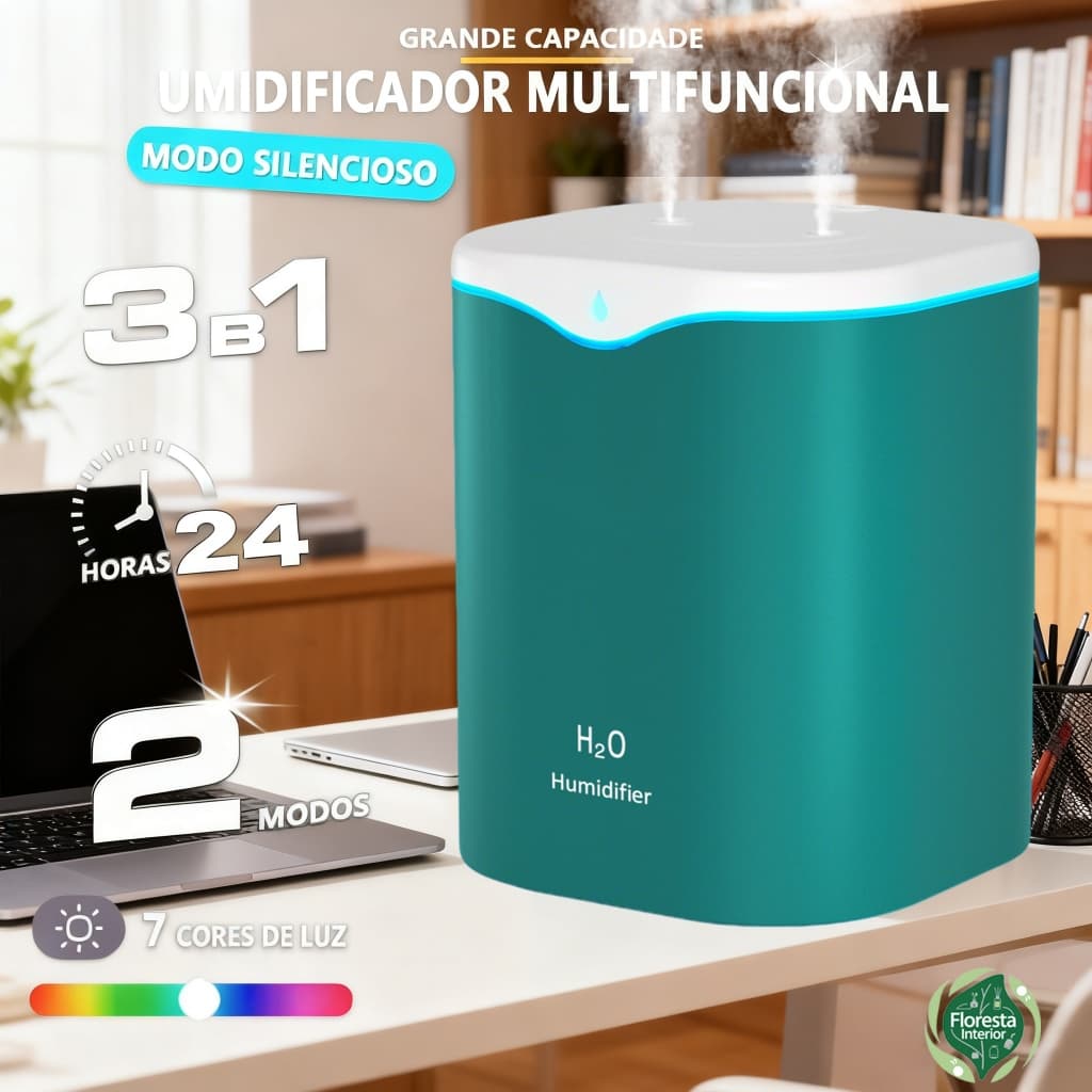 Umidificador Grande 2 Litros Saída Dupla Luzes LED's Coloridas Silencioso Aromatizador 1600ml