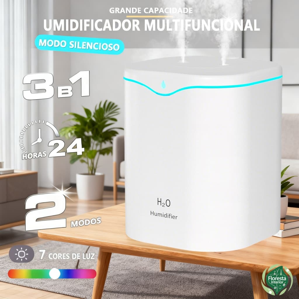 Umidificador Grande 2 Litros Saída Dupla Luzes LED's Coloridas Silencioso Aromatizador 2000ML
