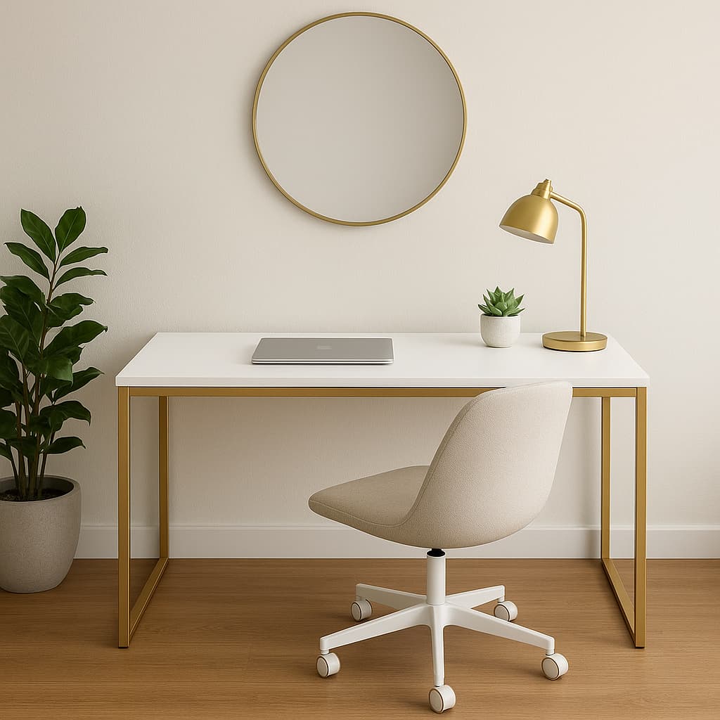 Mesa de Escritório Escrivaninha 120cm Base Metálica Dourada Compacta Sofisticada Moderno Trabalho