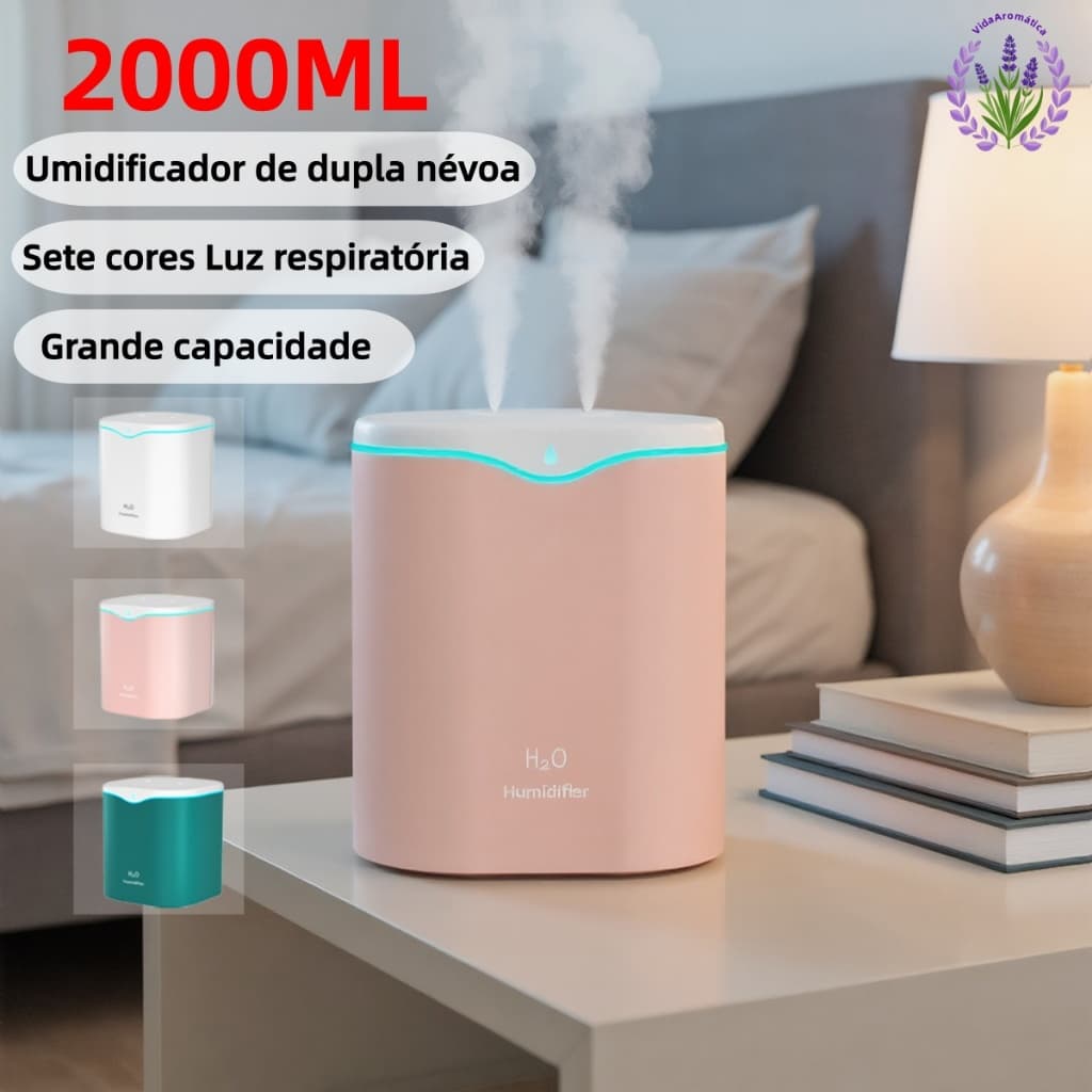 Grande Umidificador De Ar Aromatizador De Ambiente Com Bico Duplo Difusor Elétrico Usb Led 2000ml