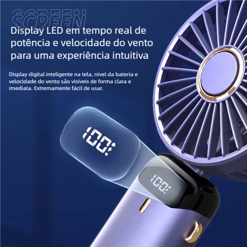 Ventilador USB Recarregável – Mini Portátil, Dobrável, Display Digital
