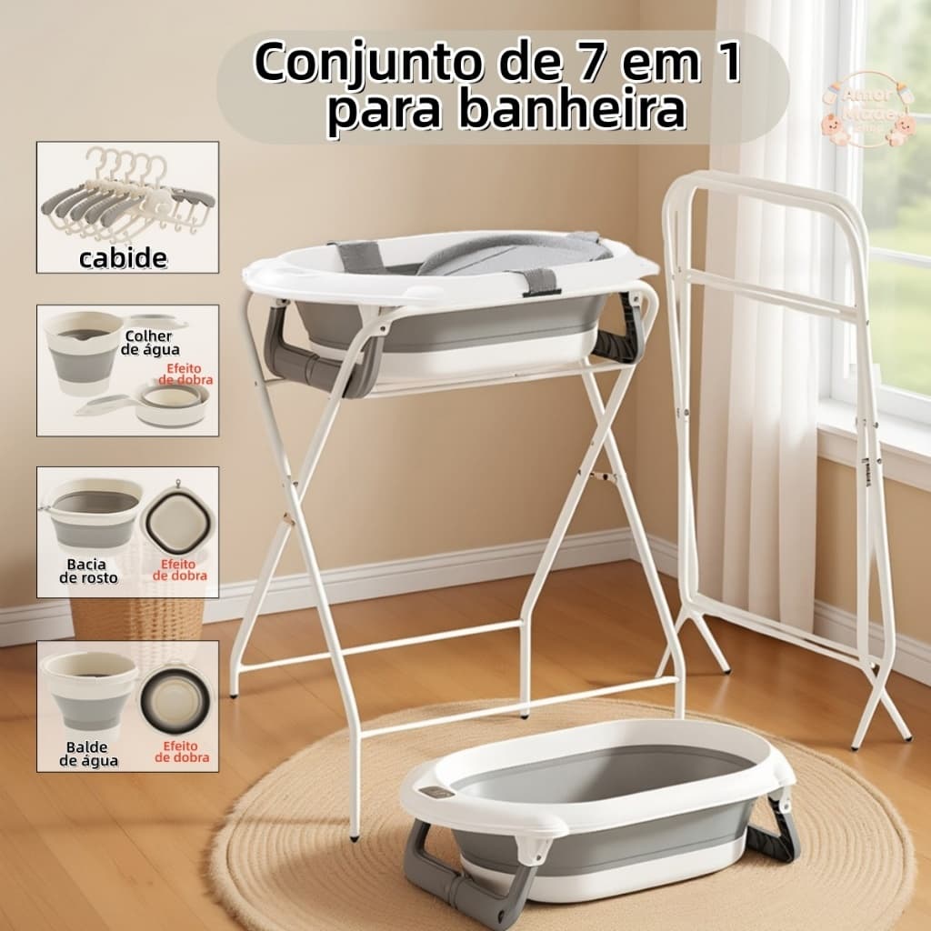 Banheira 7 em 1 Infantil de Bebê Dobrável com Suporte  Almofada