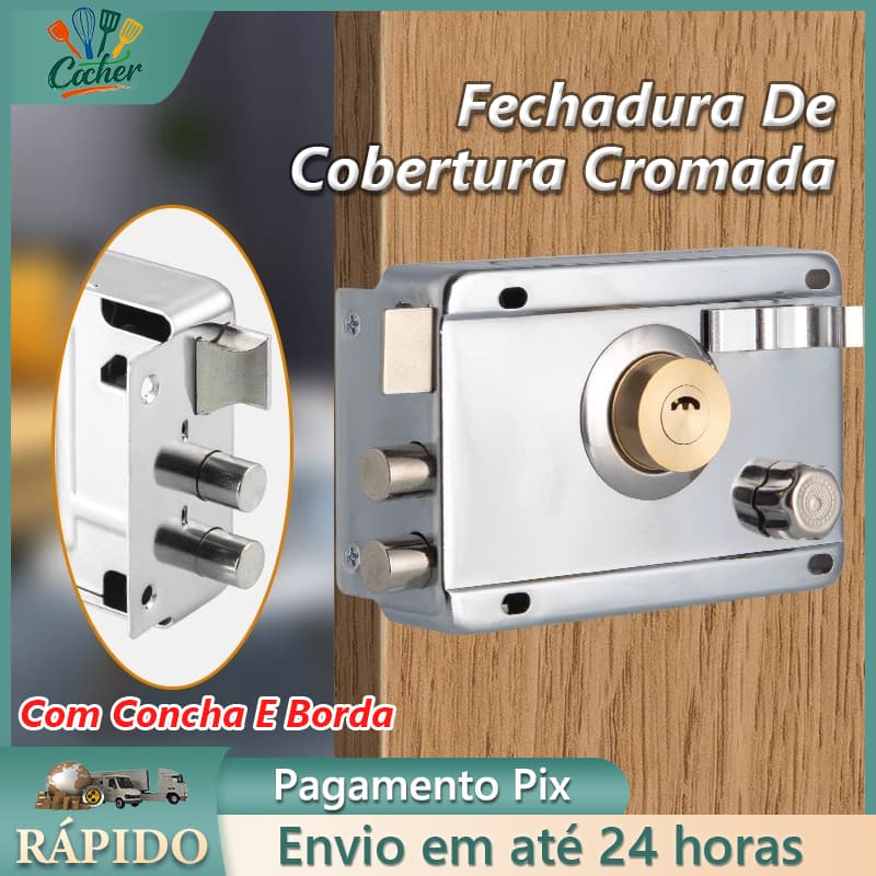 Fechadura Sobrepor cor Cromada Tetra para Portão e Porta Com Trava Dupla e 05 Copia De Chaves