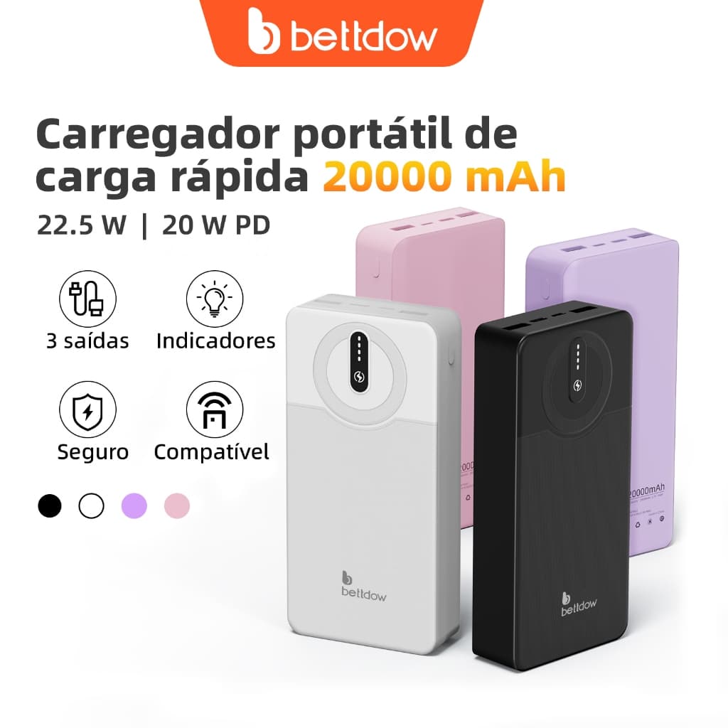 Bateria Externa BETTDOW de 10000mah/20000mAh, Carregador Portátil com Luz LED e Carregamento Rápido USB, 10W/22,5W