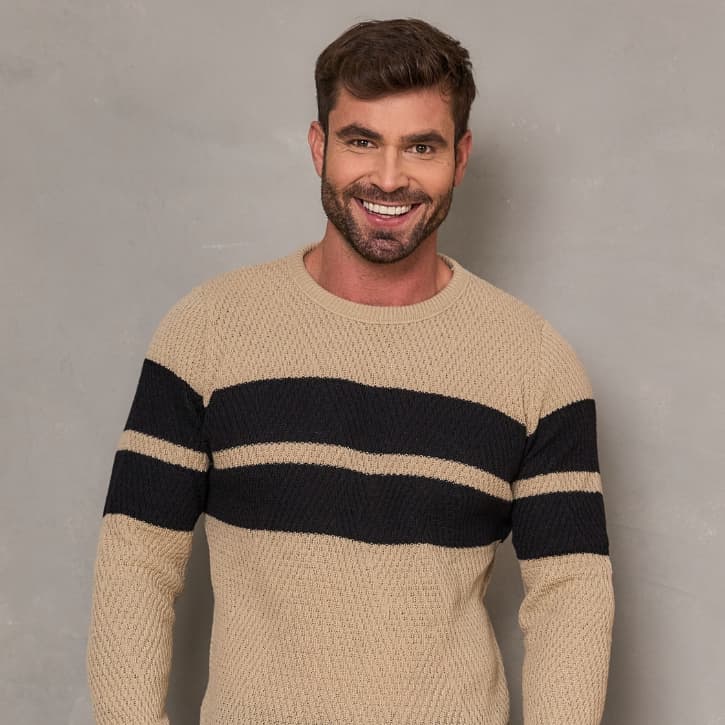 Blusa Masculina de Frio Tricô Canelada Listrada Suéter Manga Longa Gola Redonda
