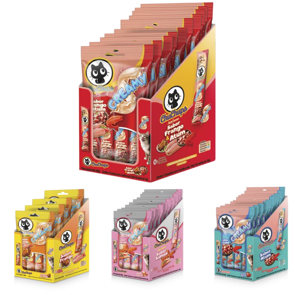 ChuChups Patê Cream Petisco Para Gatos Snack Cremoso - Display 10 Pacotes com 4 Sachês de 15g Cada