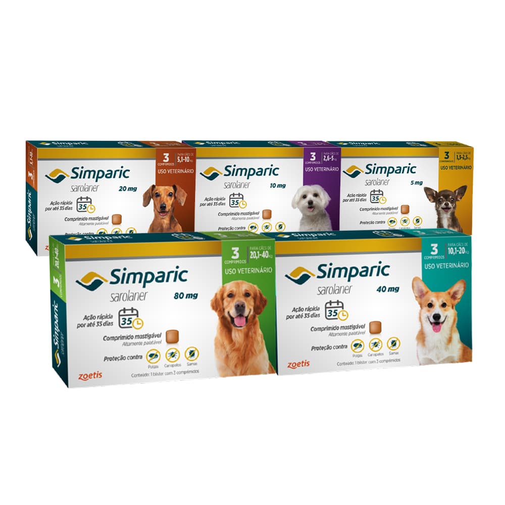 Simparic Zoetis 40mg Antipulgas Carrapatos Sarnas Cães 1,3 a 40kg 3 Comprimidos