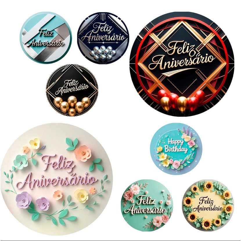 PAINEL REDONDO FELIZ ANIVERSÁRIO VARIS MODELOS TAMANHOS 50X50cm E 150X150cm
