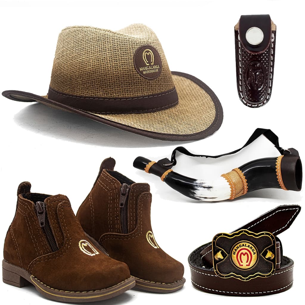 Kit Infantil Botina Country Mangalarga + Chapeu Juta Mm + Cinto Couro + Berrante Mirim Natural CV