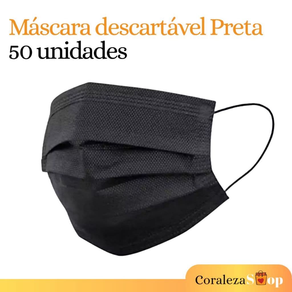50 Máscara Preta Descartável - Tripla Camada c/ Clipe Nasal