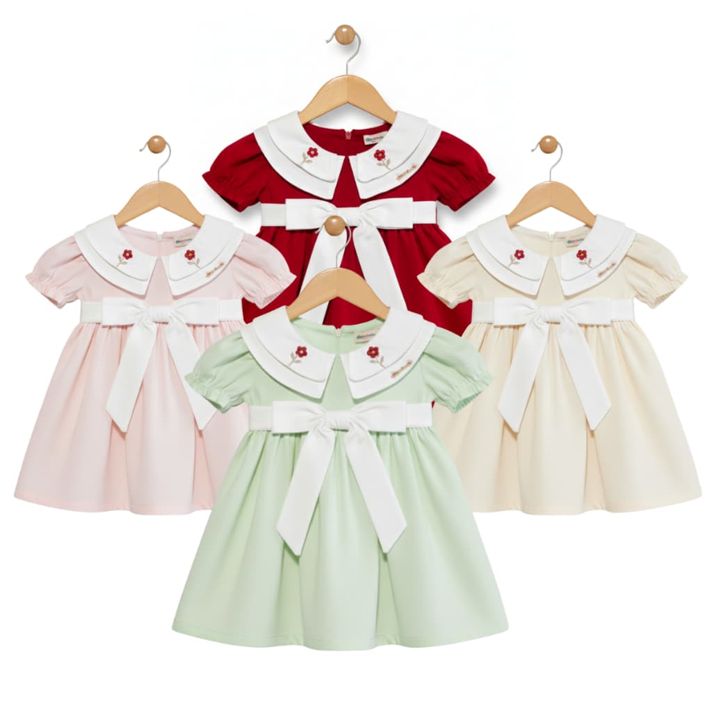 vestido infantil para meninas bordado quatro golas com laço de amarrar