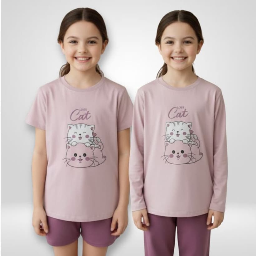 Pijama Infantil Feminino Gatos Verão e Inverno 100% Algodão