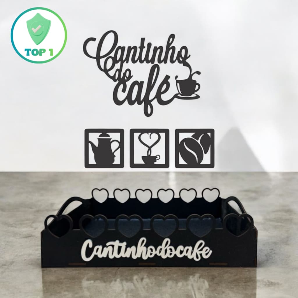 Kit Bandeja 4 Apliques Cantinho do Café em MDF Preto 3mm Bandeja Coração Aplique de Parede