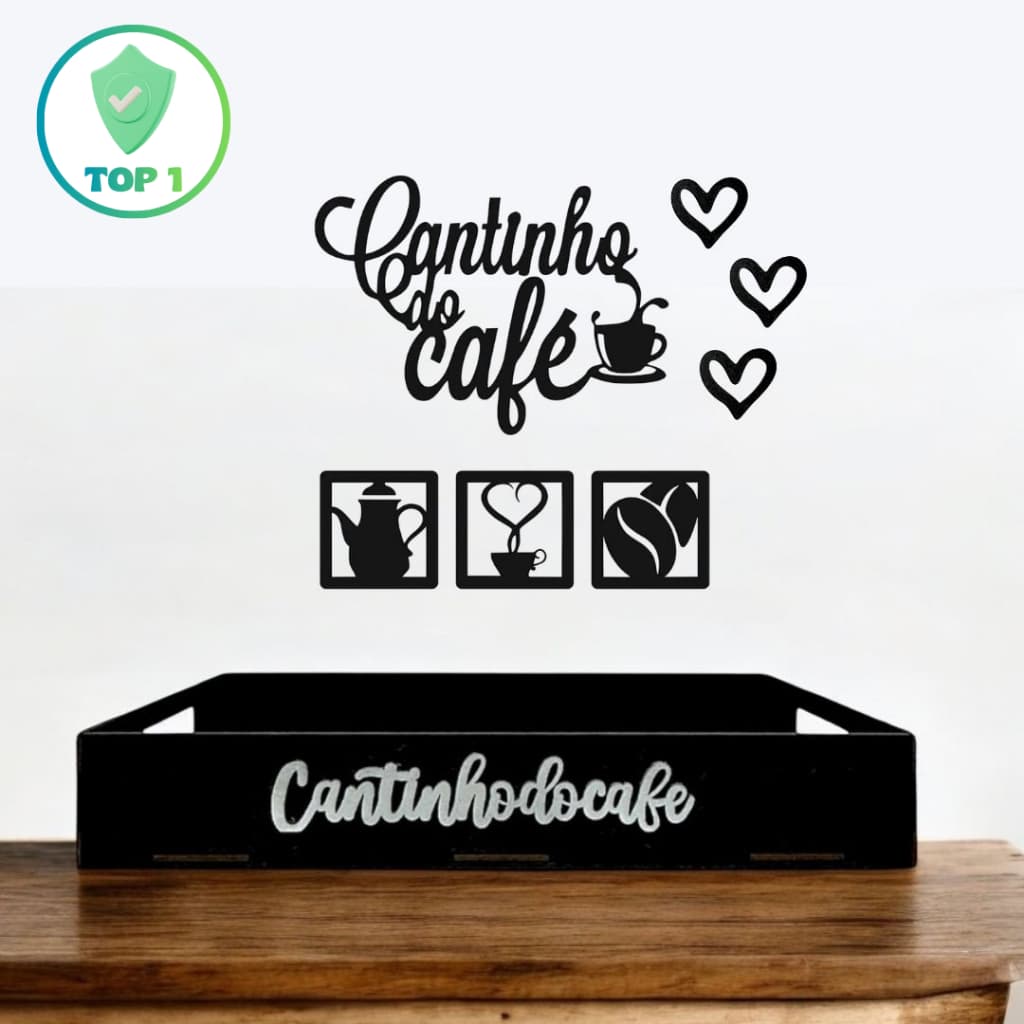 Kit Bandeja Lisa E Apliques Cantinho do Café c/ Corações em MDF Preto