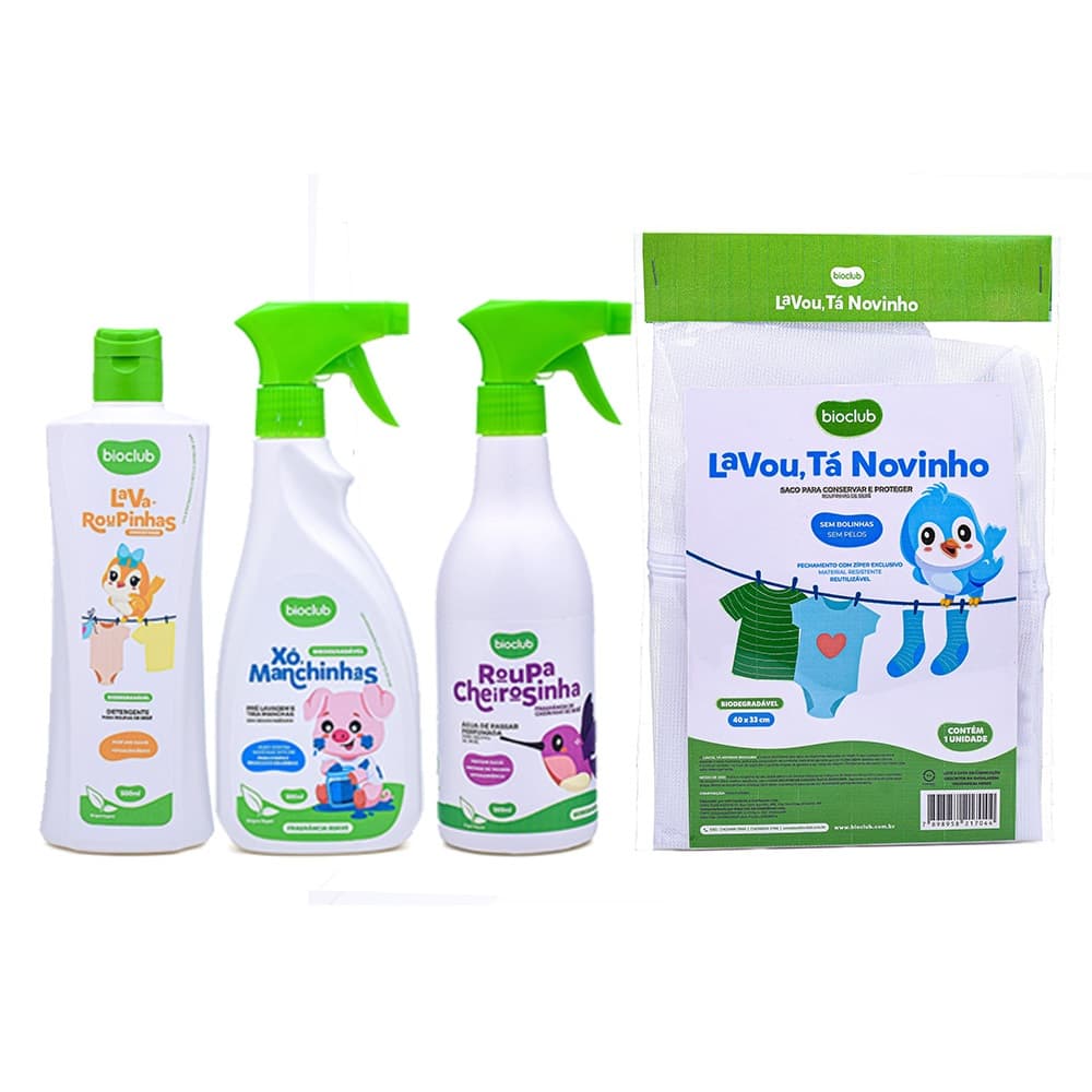 Kit Roupinhas Limpinhas Bioclub com Lava Roupinhas Xô Manchinhas Roupa Cheirosinha e Lavou Tá Novinho