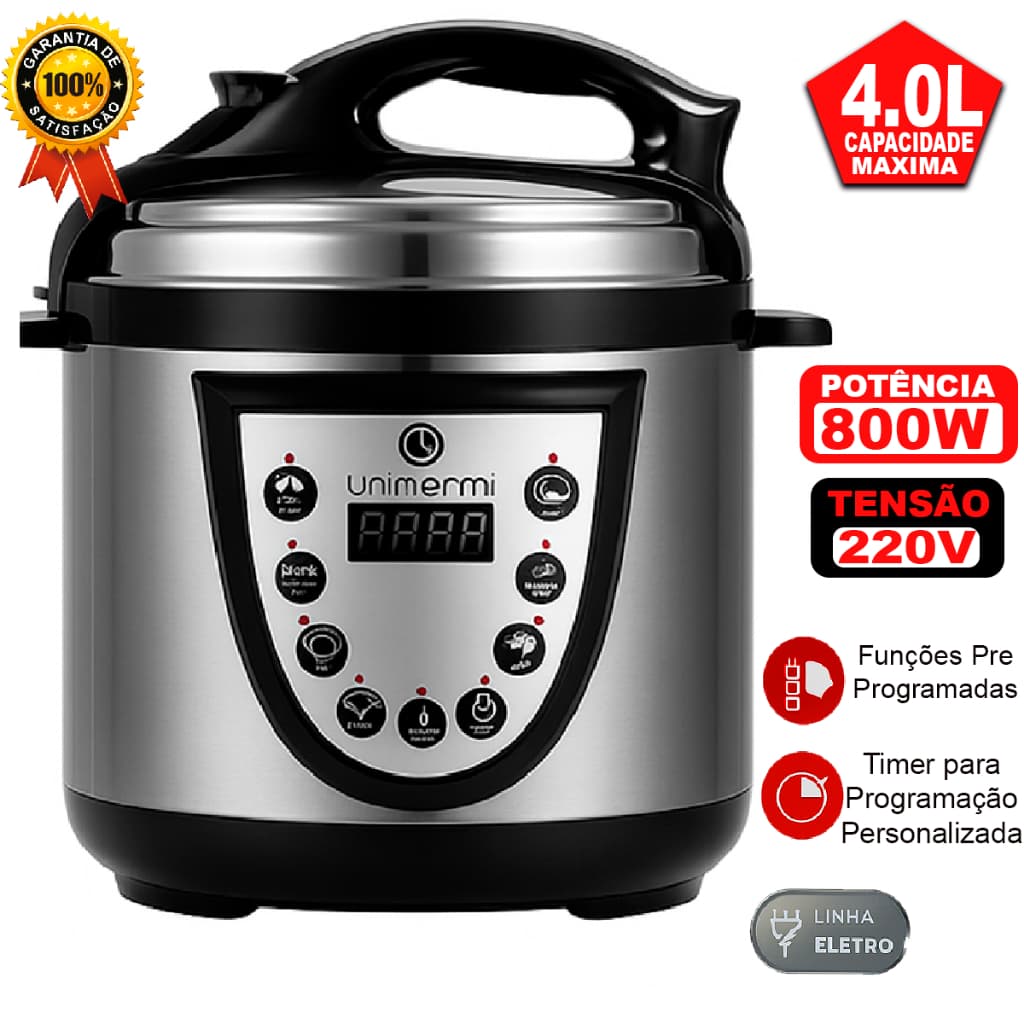 Panela de Pressão Elétrica Digital inox 4L Unitermi  800W Inox Anti-anderente Tensão 220V com Programação