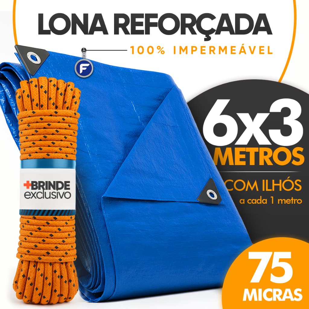 Lona 6x3 Metros 3x6 Azul Impermeável Multiuso Cobertura Geral Toldos Construção + Corda 10 Metros