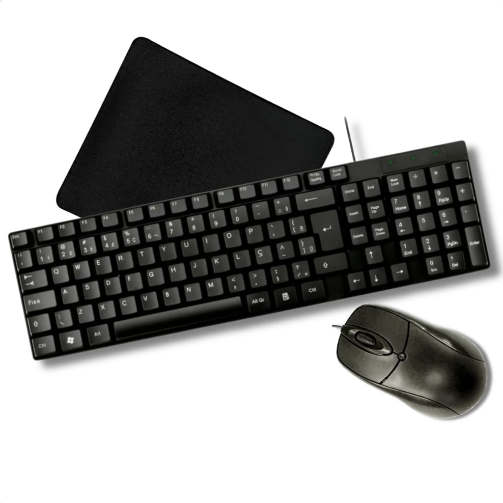 Kit Combo Teclado Mouse Mousepad Com Fio ABNT2 Cabo USB Preto
