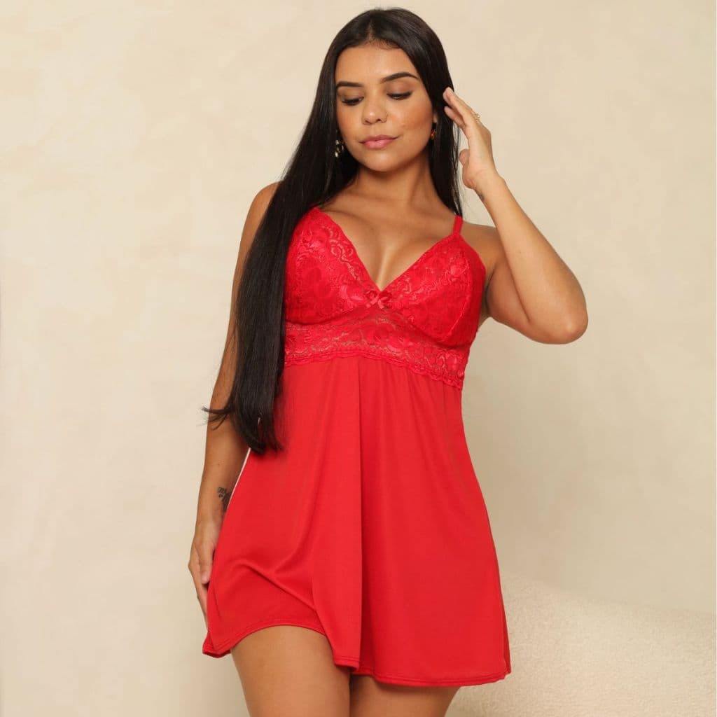 Camisola Sensual Feminina de Renda Sem Bojo Malha Fria Pijama Sexy