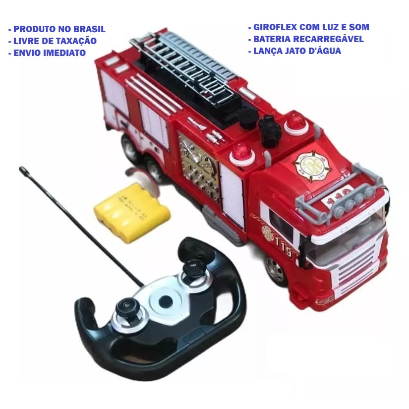 Caminhão Bombeiro Controle Remoto Brinquedo Lança Jato D'água Giroflex Com Luz e Som
