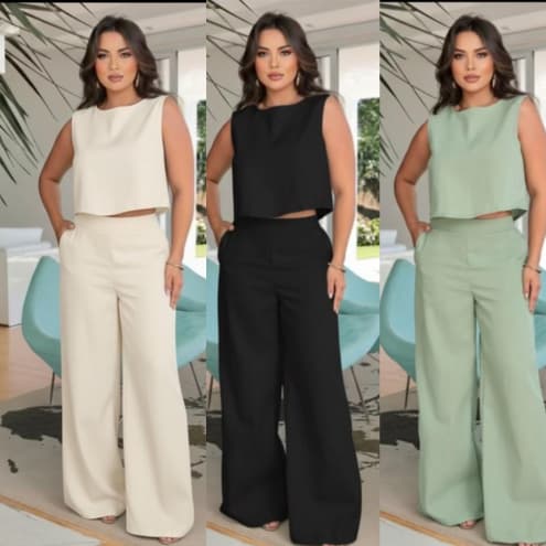 Conjunto alfaiataria Linho feminino Calça Pantalona + blusa regata social luxo Elegante Chique