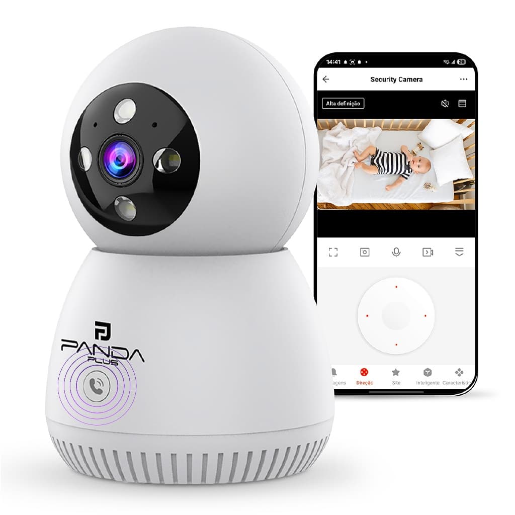 Câmera WiFi 360° Inteligente Tuya PandaPlus HD IA Nuvem Botão Chamada Áudio Bidirecional Babá Eletrônica Pet Alexa Googl