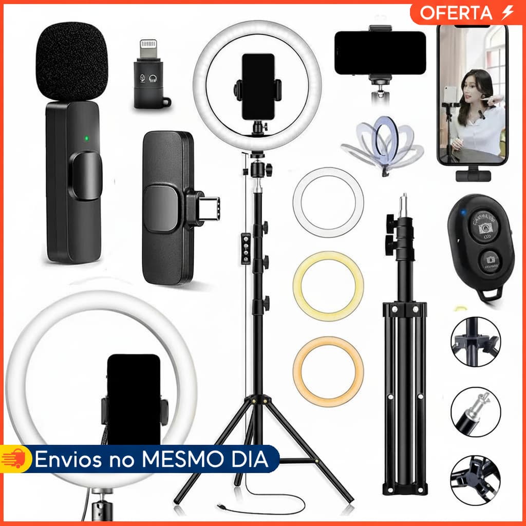 Kit Tiktok Ring Light Grande + Microfone Lapela Sem Fio + Tripé 2.10m + Controle Selfie